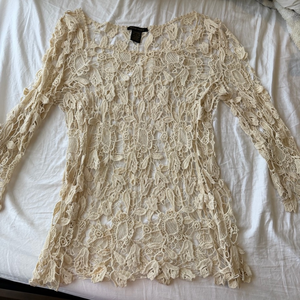 Lace Crochet Long Sleeve Top - Cream